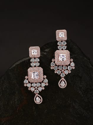 Rose Gold-Plated American Diamond Studded Geometric And Floral Patterned Drop Earrings