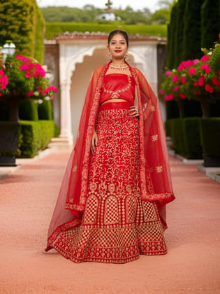 Semi-Stitched Lehenga with Soft Net Fabric & Zari Thread Work by Shreekama-Red / Free Size