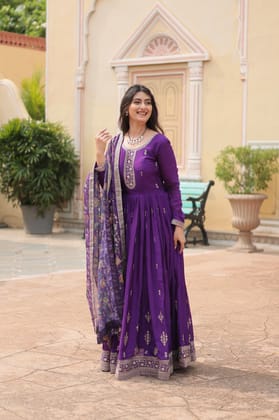 Fantastic Chinon Purple Color Embroidered Work Gown With Dupatta-M