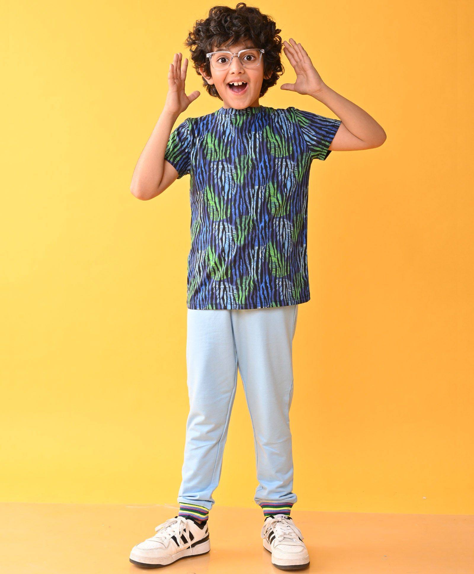 TROPICAL STRIPES SKY RIBBED SUMMER BOYS JOGGER SET D - BLUE-1-2 YEARS / 2N / BLACK/GREY