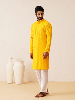 Men's Cotton Embroidered Sequinned Mustard Kurta With white churidar Pyjama-38