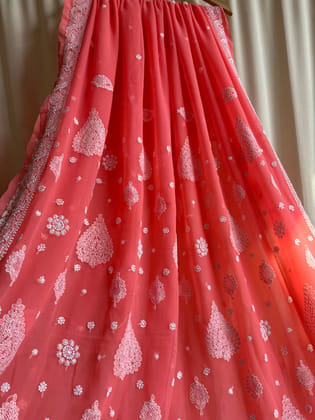 Georgette Chikankari saree in Carrot Pink-Carrot Pink