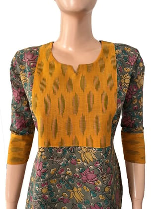 Kalamkari Cotton Y neck Straight cut Kurta with 3/4 sleeves & Ikat Patches , Grey-Yellow,  KK1081-S