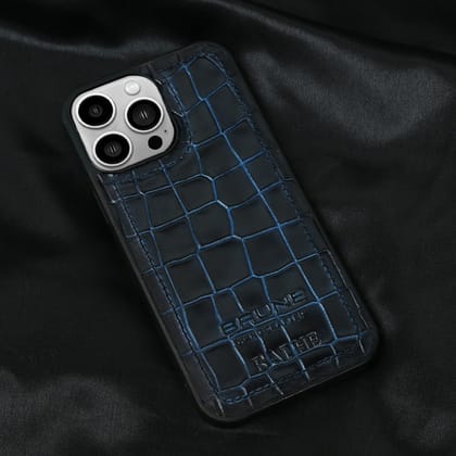 Bespoke Apple iPhone 13 Series Blue Deep Cut Croco Textured Leather Mobile Cover with Embossed Initial by Brune & Bareskin-13 PRO