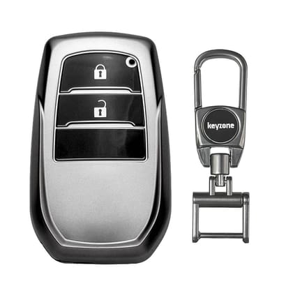 Keyzone TPU Key Cover & metal alloy key holder for Toyota Innova Crysta, Innova HyCross, Hilux 2 Button Smart Key (GMTP18_2b, MAH KeyHolder)-Gunmetal