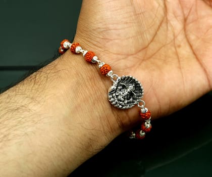 8" 925 Sterling silver customized rudraksha beaded Lord Ganesha Rakhi bracelet. best gift for your brother's of special Rakshabandhan rk07