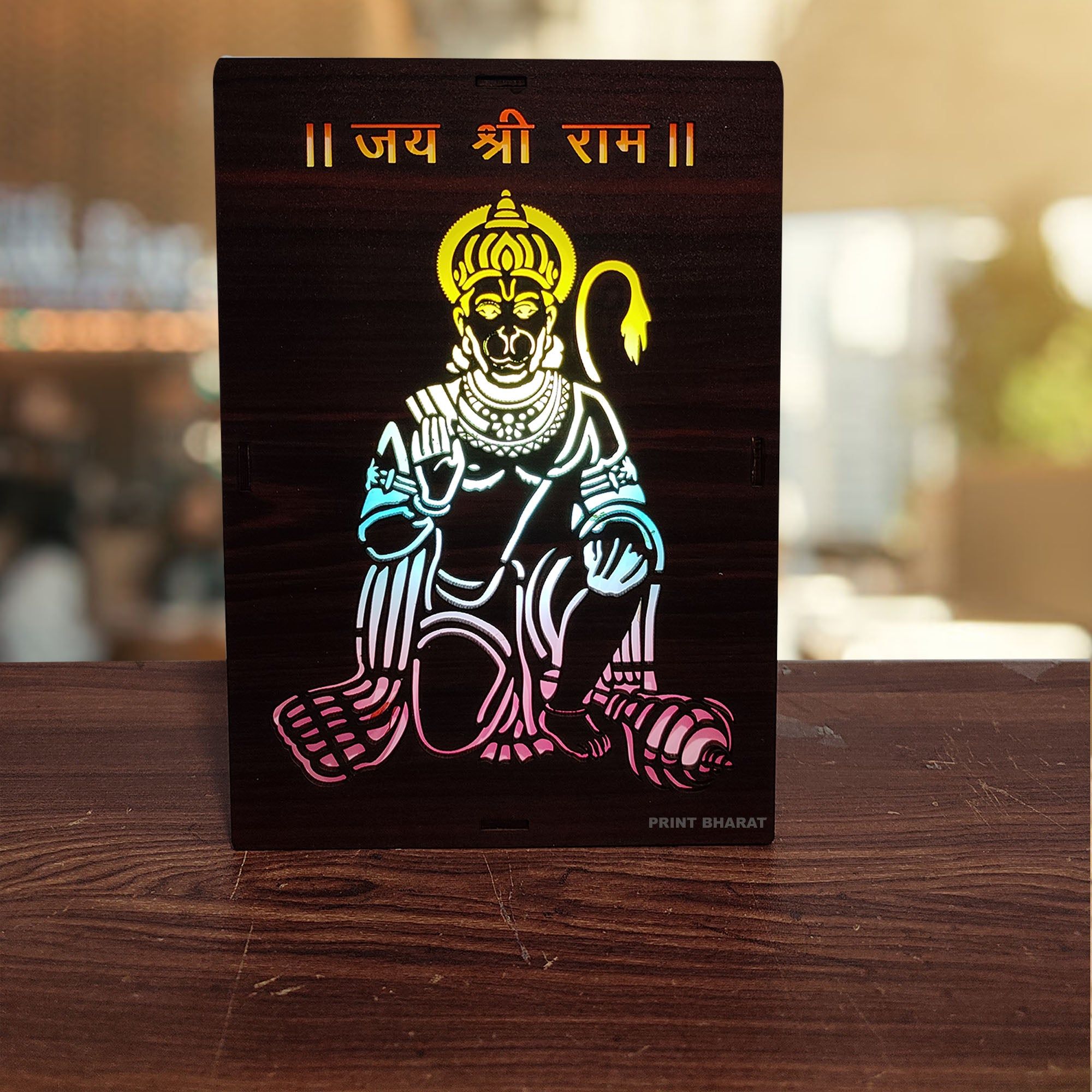 MDF Wood Art Work Led Frame Wooden Color with Laser Cut Finish (Led Hanuman Frame)-15*20*5 CM