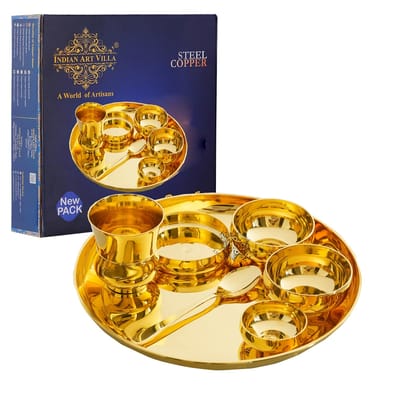 Indian Art Villa Pure Brass Dinner Set Shine FInish Design Set of 7 Piece, 30.48 cm thali-1