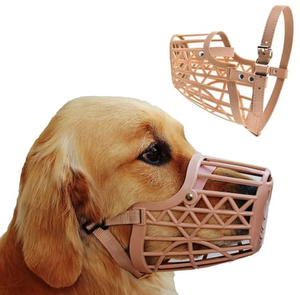 Jacky Treats Adjustable Strap Muzzle Cum Mouth Cover and Basket Cage and Pet Safety Collar for Dog, Puppy, Cat (Beige, Large) 7 no.