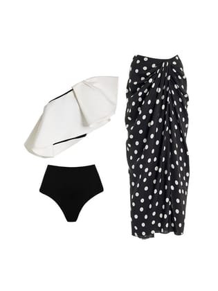 Asymmetric Ruffle Bikini Top with Shorts & Polka Dot Swimsuit Skirt Set-S / Multicolor