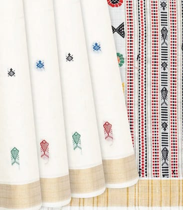 White Handwoven Tussar Silk Saree With Meena Fish Motifs-White-White