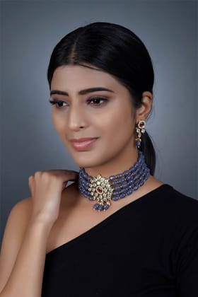 Imeora Designer Grey Choker Necklace Set With Stone Hangings And Handmade Dori