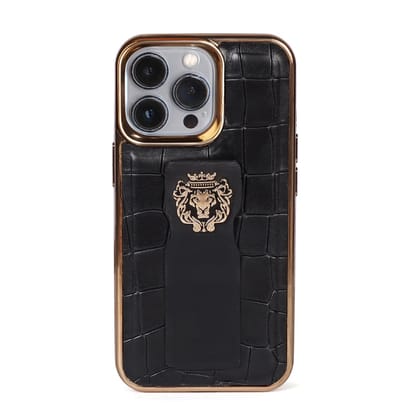 Black Golden Rim Mobile Cover Finger strap cum Stand Croco Textured Leather with Metal Lion Logo by Brune & Bareskin-13ProMax