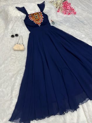 Amazing Navratri Style Mirror With Kodi Work Blue Color Gown-XS