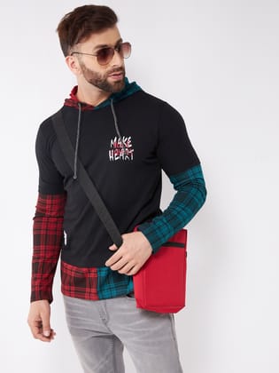 Gritstones Men Black Hooded Colorblock Printed Cotton T-Shirt