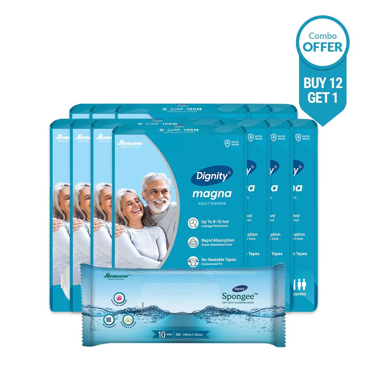 Dignity Magna Adult Diapers With Spongee Body Wipes ( Tape Style ) Medium