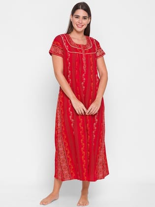 Women Red Printed Maxi Nightdress