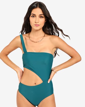 Green Solid Cut-Out Swimsuit-M