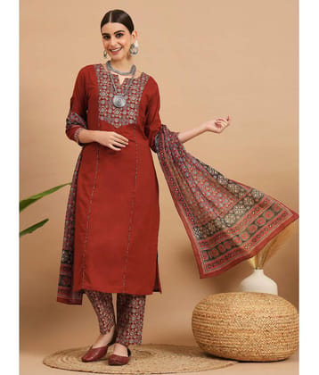 Vbuyz Cotton Printed Kurti With Pants Womens Stitched Salwar Suit - Maroon ( Pack of 1 ) - None