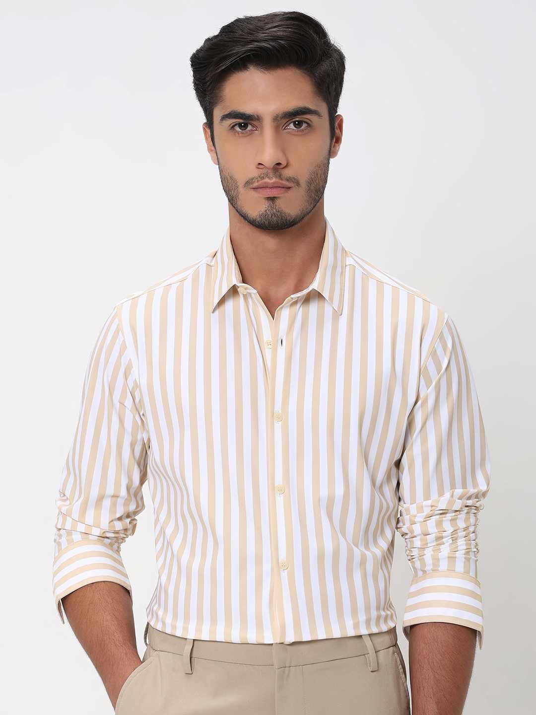 Mufti Beige Candy Stripe Slim Fit Casual Shirt