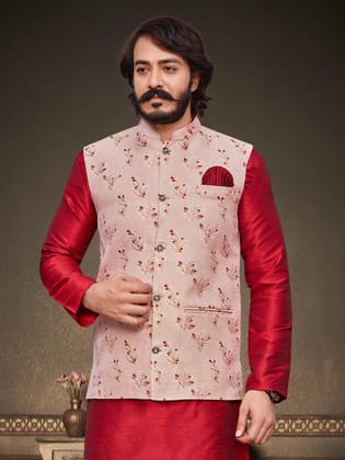 Elegant Cream and Red Nehru Jacket-S