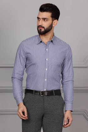 Striped Blue Formal Cotton Shirt (Size - S) by BLUE EAGLE