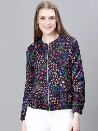 Women Multicolor Floral Print Round Neck Zipped Long Sleeve Elasticated Bomber Jacket-S