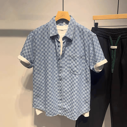 Vinatge Checkerboard Breeze Shirt-M/40 / Sky Blue / Without T-Shirt