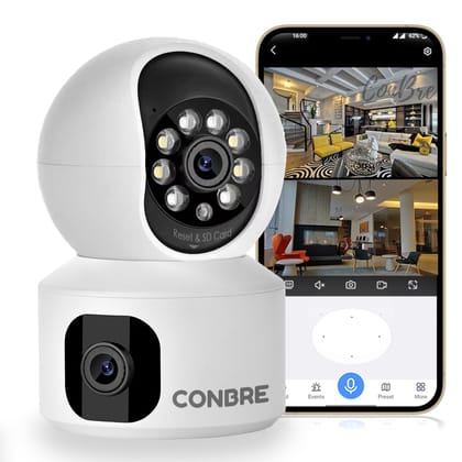 Conbre DuoXR 3MP Dual Lens Wireless WiFi Smart CCTV Camera | Two Way Talk | Night Vision | Support Upto 128gb sd Card