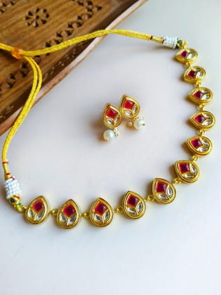 Golden Kundan Polki Necklace Set for Party Glam | Sarichka-Red+White Polki