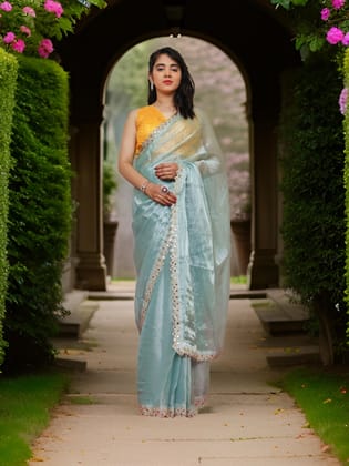 Designer Saree with Heavy Sequin & Stone Work by Shreekama-Cyan / Free Size