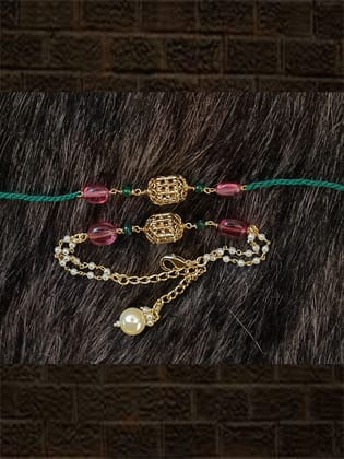 Gold bead with two ruby beads bhai bhabhi rakhi