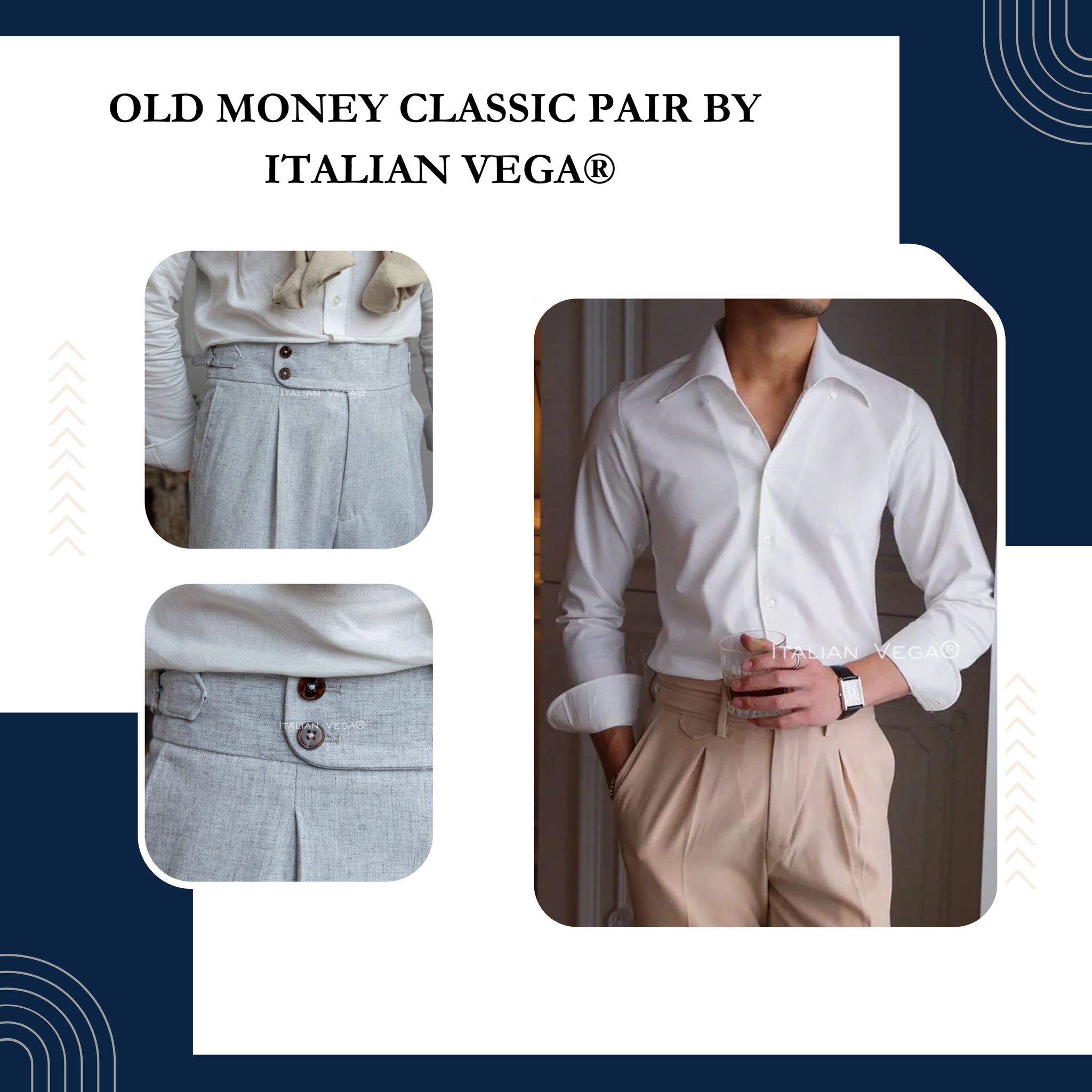 Old Money White Shirt with Ash Grey Signature Buttoned Gurkha Pant by ITALIAN VEGA®-M / 28