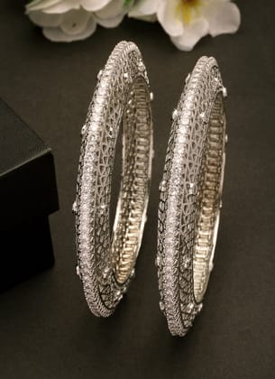 NVR Women's Set of 2 Silver-Plated American Diamond Studded Bangles-2.4 / Silver / Brass