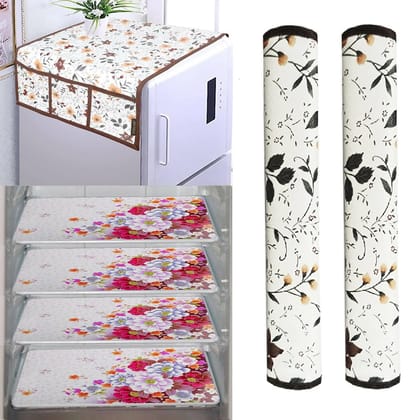 WISHLAND 1 Pc Fridge Cover for Top with 6 Pockets + 1 Handle Cover + 3 Fridge Mats( Fridge Cover Combo Set of 5 Pcs)