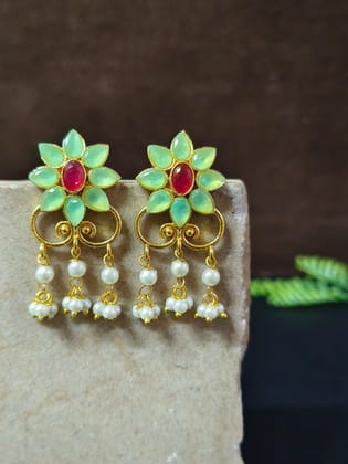 Golden Party Wear Stud Earrings with Pearl Drops & Stone Work | Sarichka-Mint Green+Red