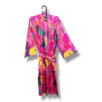 Cotton Hand Printed Kimono Robe Neon Pink