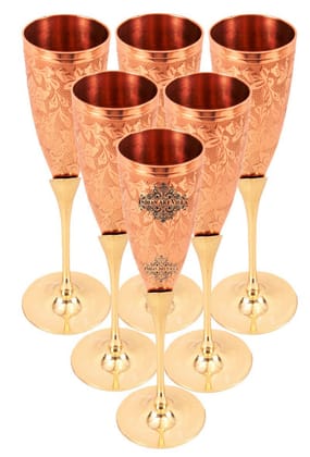 Indian Art Villa Set of 6 Copper Brass Leaf Designed Champange Glasses- 150ML each - Serving Champange, Wine - Hotels, Bars, Cocktail Parties, Gift Item, Drinkware