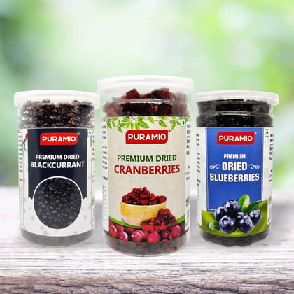 Puramio Dry Fruit Combo - Blueberry, Cranberry, Blackcurrant, 200 gm Each - Pack of 3