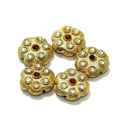 10 Pcs, 16mm German Silver Kundan Work Beads Golden-Golden / Glass