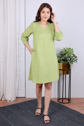 Green Hand Dyed Lyocell Linen Women Short Dress Long Sleeves WSDLS12231-S