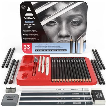 Arteza Expert Drawing Pencil Set, 33 Pieces Complete Set For Graphite And Charcoal D