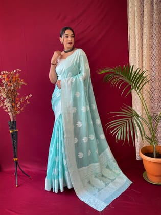 Sycron Pure Linen Weaving Saree With Blouse(Unstitched)-S.Blue