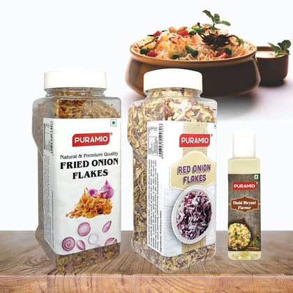 Puramio Biryani Combo Pack - Fried Onion Flakes, 250 gm, Red Onion Flakes, 200 gm & Shahi Biryani Flavour, 50 ml