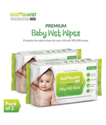 Bodyguard Baby Wet Wipes with Vitamin E & Aloe Vera, 72 Wipes/Pack (Pack of 2) | Alcohol Free | Paraben Free