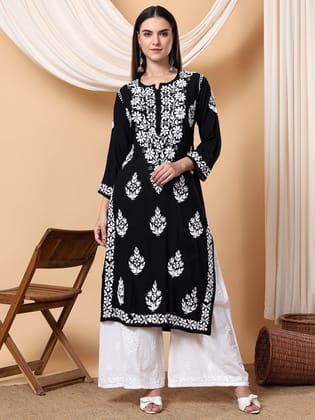 Jahnvi Chikankari Rayon Straight Kurta-Black / M