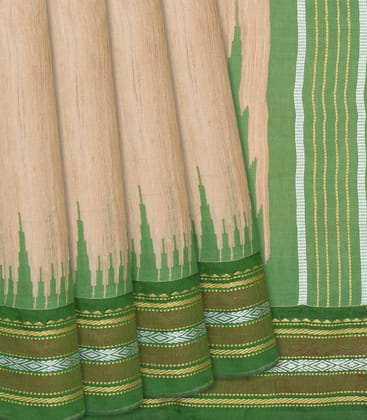 Cream Woven Dupion Silk Saree With Green Border-Cream-Cream