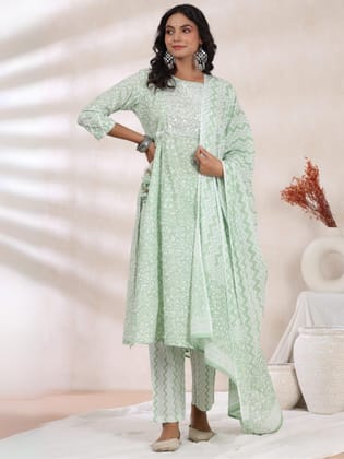 Mint Green Printed Dupatta Set-40