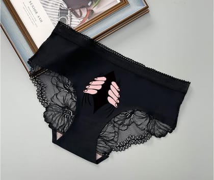 Panteazy's Black Printed Couple Lingerie Soft Silky Handfeel- Brief & Panty (*Choose Men & Women sizes SEPERATELY- WEBSITE's PRICE IS NOT OF A PAIR) Gift for Girlfriend & Boyfriend-Women-Small / 