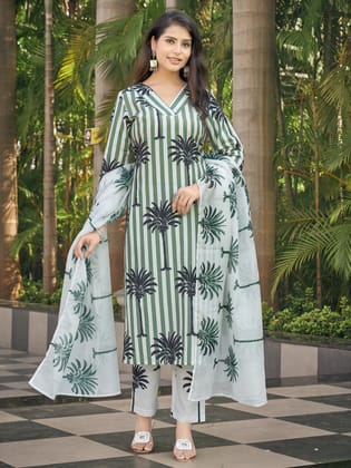 Green And White Striped A-Line Kurta Set-S